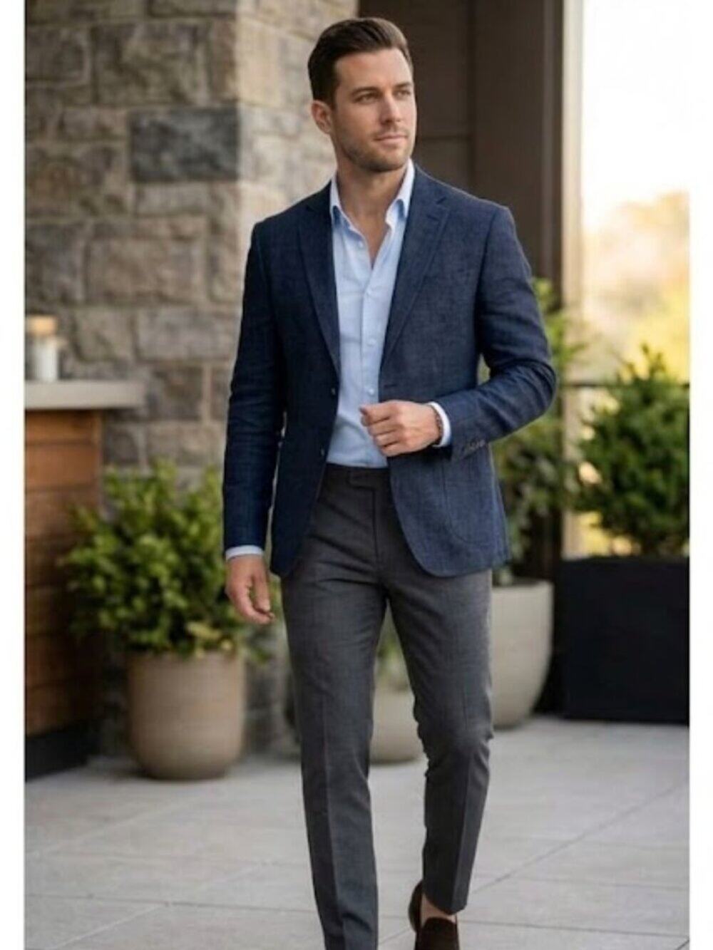 Zara Man Linen Cotton Blend Classic Blue Textured Blazer Sport Coat 40R